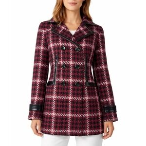 Express Womens NWT Red Houndstooth Plaid Faux Leather Trim Car Pea Coat Small